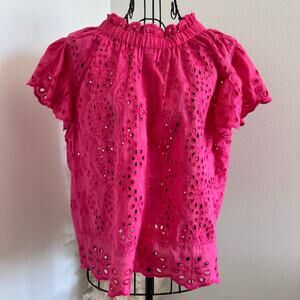 Jennifer + Grace Pink Eyelet Lace Ruffle Short Flutter Sleeve Cotton Blouse M